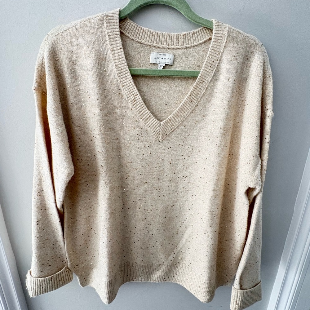 Lucky Brand Speckled Cream V-Neck Sweater